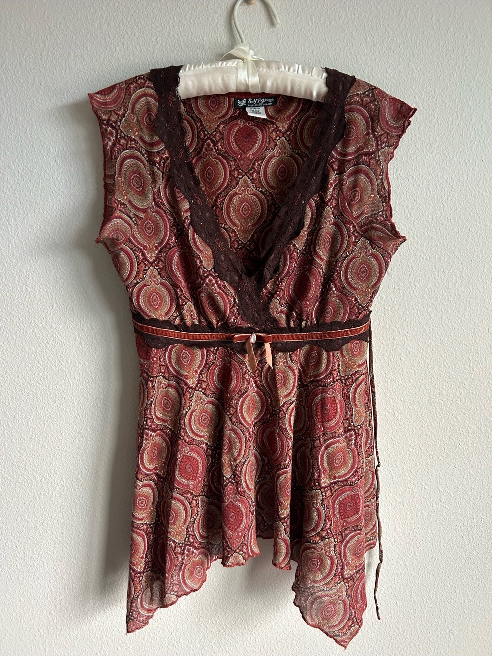 Y2K Self Esteem Fairy Paisley LaceTrim V Neck Asymmetrical Tunic Red and Beige